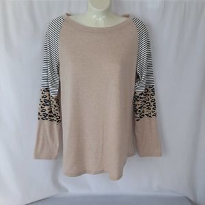 Yidarton Brand Leopard Print/Stripped Crewneck Khaki Pullover Top